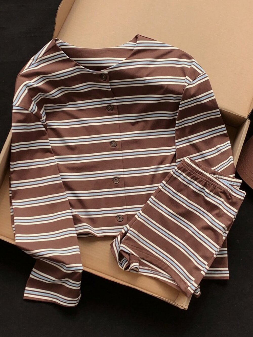 Coffee Brown Casual Women's Striped Top And Shorts Set